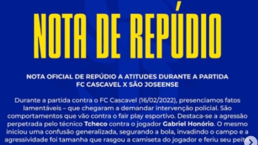 São Joseense emite nota de repúdio após partida contra o FC Cascavel