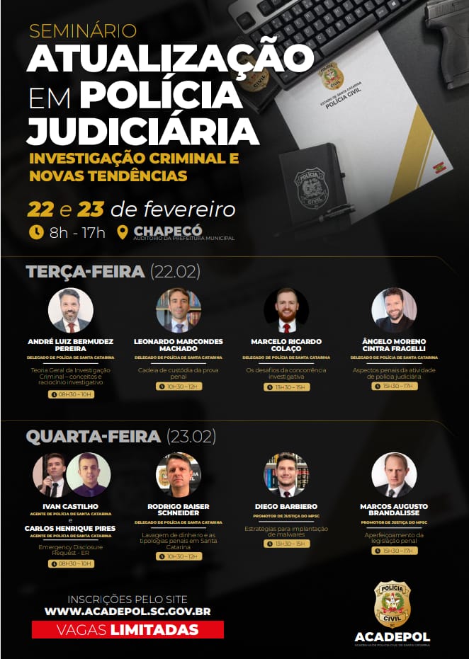 Polícia Civil promove seminário sobre “Atualização em Polícia Judiciária” em Chapecó nos dias 22 e 23 de fevereiro