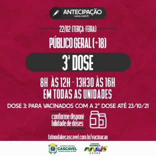Covid-19: público geral pode receber 3ª dose nesta terça-feira