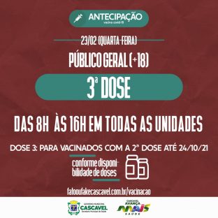 Covid-19: público geral pode receber 3ª dose nesta quarta-feira