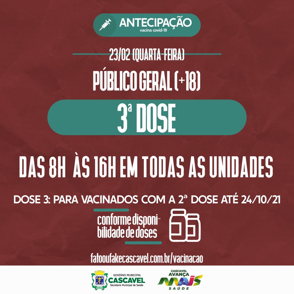 Covid-19: público geral pode receber 3ª dose nesta quarta-feira