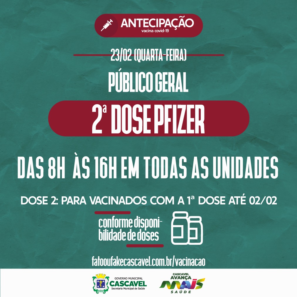 Covid-19: vacinados até 02/02 poderão tomar a 2ª dose da Pfizer nesta quarta-feira