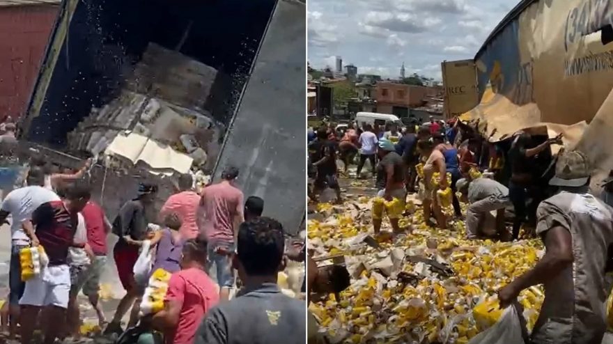 Após tombamento caminhão carregado de Skol é saqueado; veja o vídeo