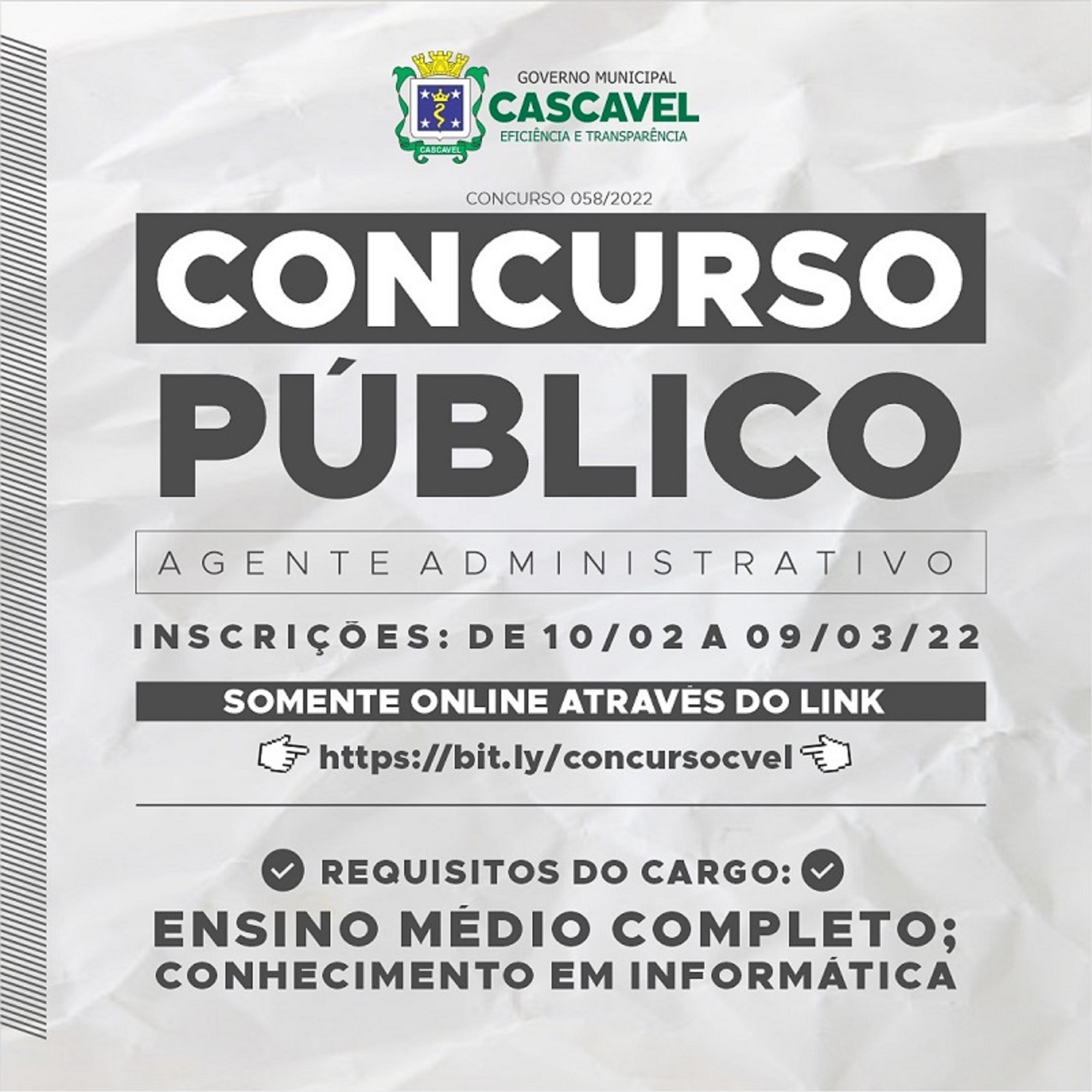 Inscrições o para concurso de agente administrativo se encerram no dia 9 de março