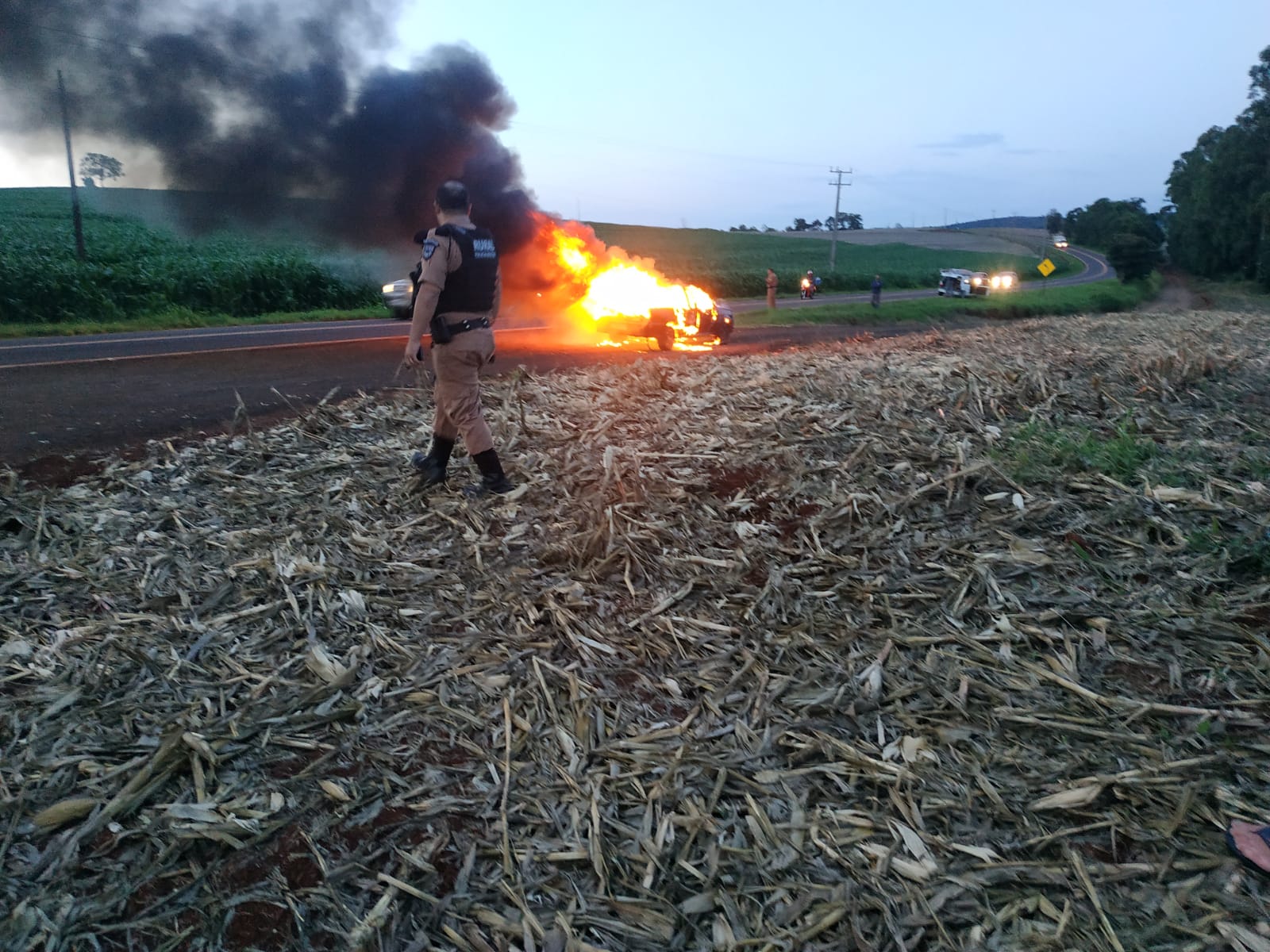 Carro é tomado pelas chamas na PR-180 em Cascavel; veja imagens