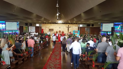 Diversos fiéis participam da celebração de Domingo de Ramos