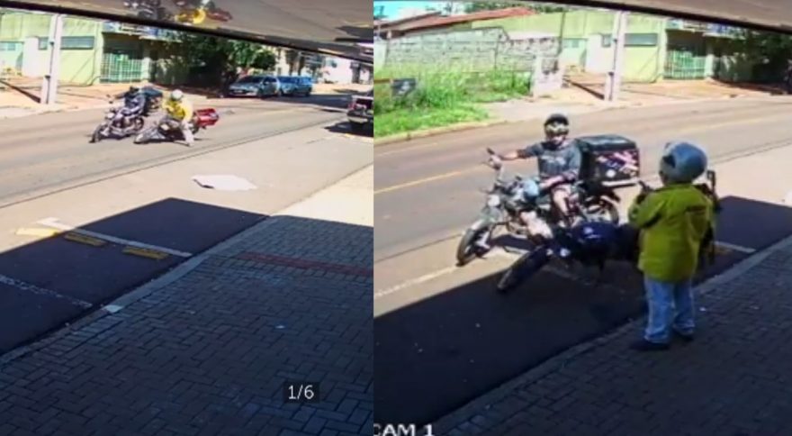 População não tem mais paciência no trânsito? Vídeo mostra colisão entre motos e um dos envolvidos danificando veículo do ‘colega’