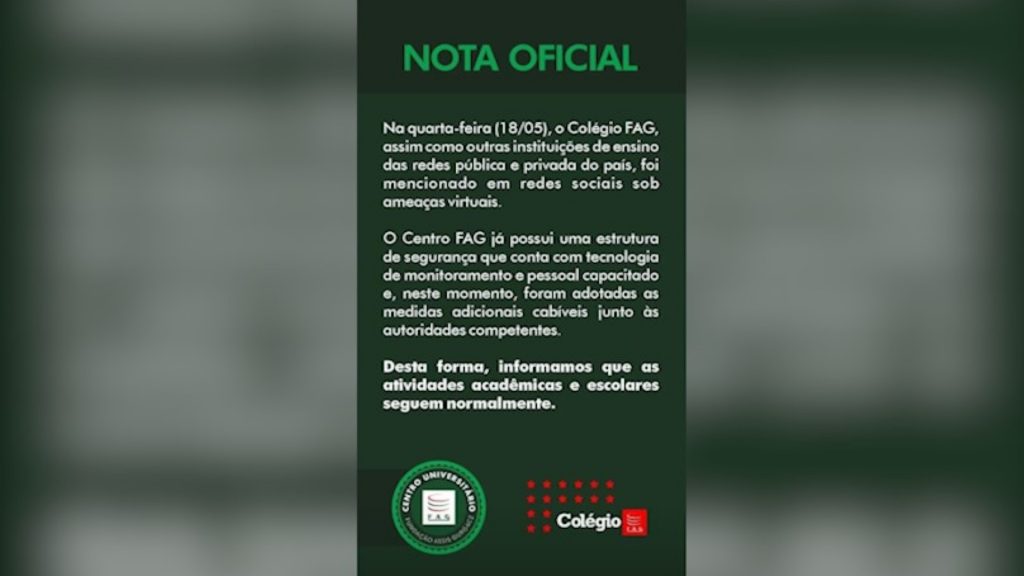 Em nota, Colégio FAG afirma que aulas seguem normalmente e medidas adicionais foram tomadas