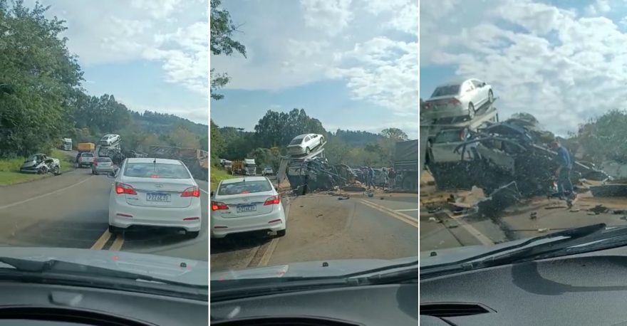 Grave acidente entre carretas é registrado na BR-277; cegonha carregava vários carros que ficaram destruídos