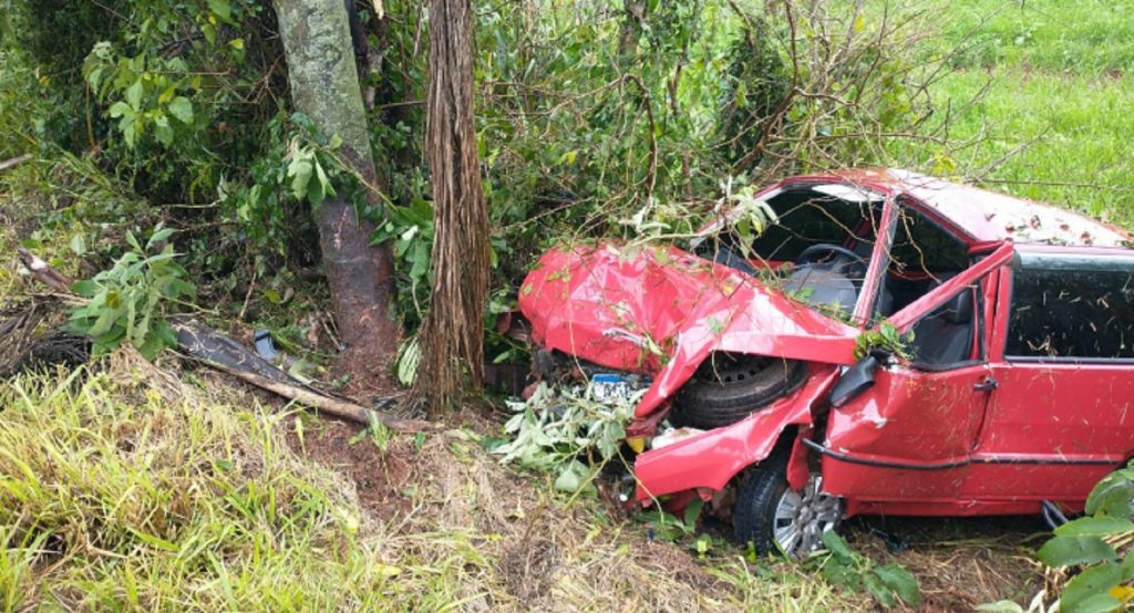 Mulher fica ferida após carro sair da pista na PR-475 e colidir contra árvore