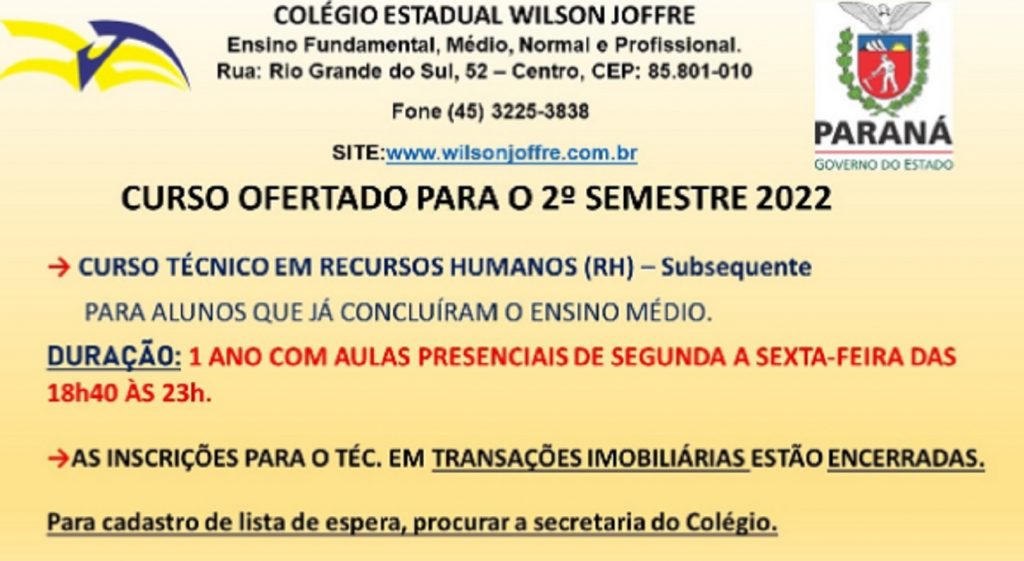 Colégio Wilson Joffre oferece curso técnico gratuito de Recursos Humanos