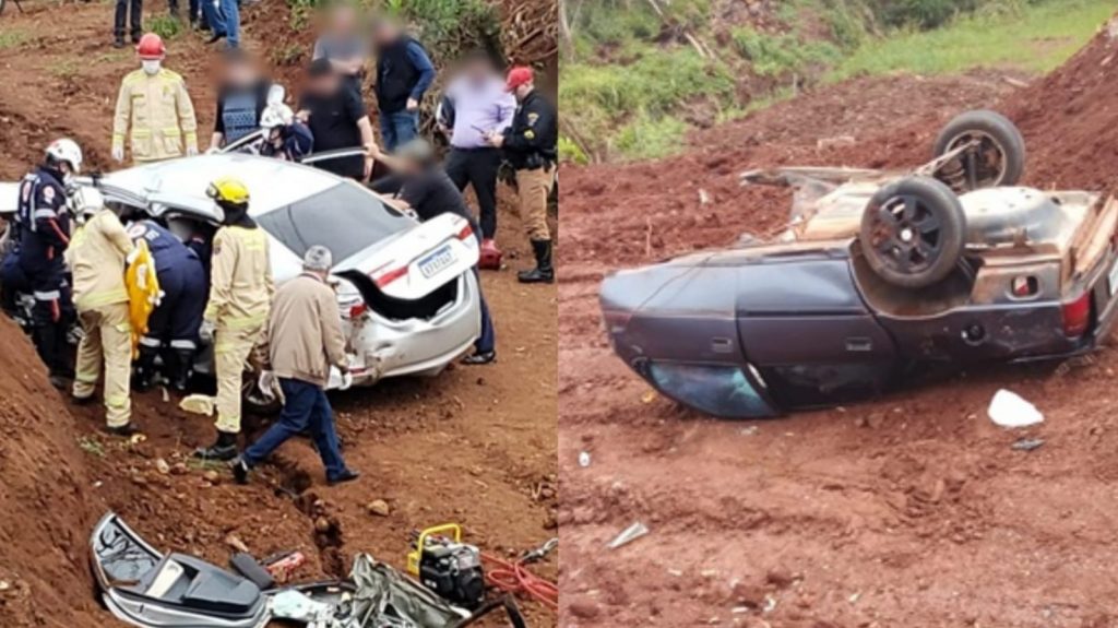 Carro parte ao meio após colisão frontal na PR-562; duas pessoas sofrem ferimentos graves