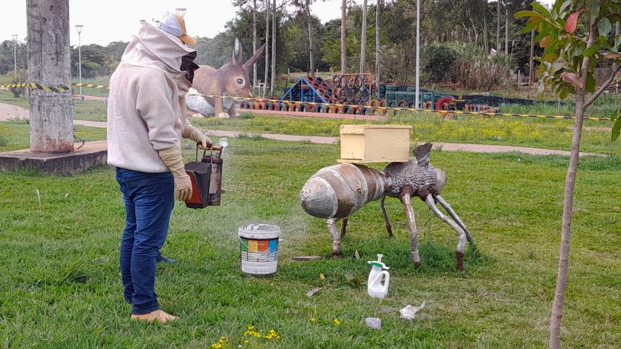 Abelhas se alojam dentro de “escultura de abelha” no Ecopark Oeste e Defesa Civil é mobilizada