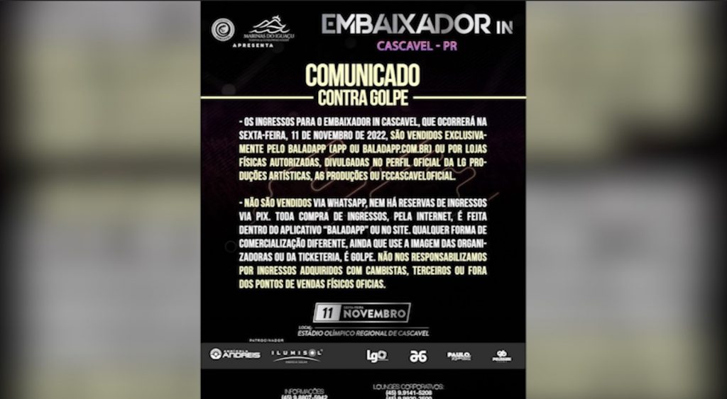 Cuidado: FC Cascavel emite comunicado prevenindo golpes em ingressos do show do Gusttavo Lima