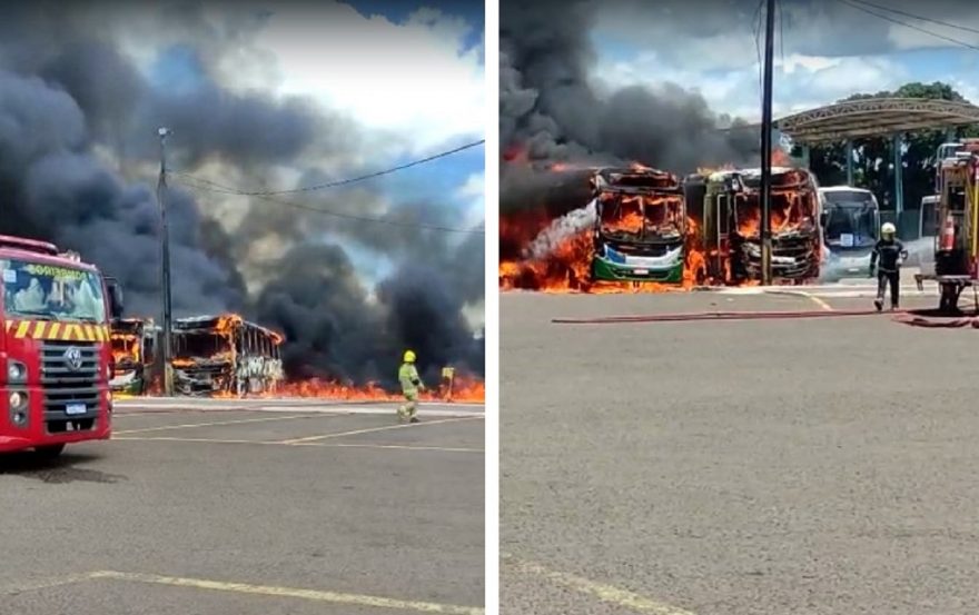 Ônibus do transporte coletivo são destruídos em incêndio