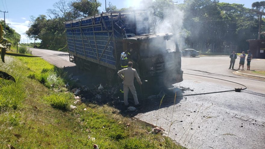 Bombeiros combatem incêndio em caminhão de frango na Região Norte