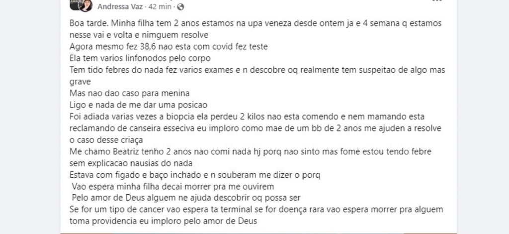 Mãe pede ajuda para realização de exames para criança de 2 anos internada em Cascavel