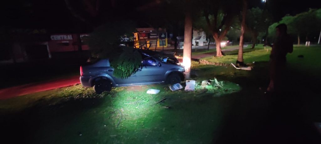 Logan invade canteiro e colide em poste na Avenida Tancredo Neves
