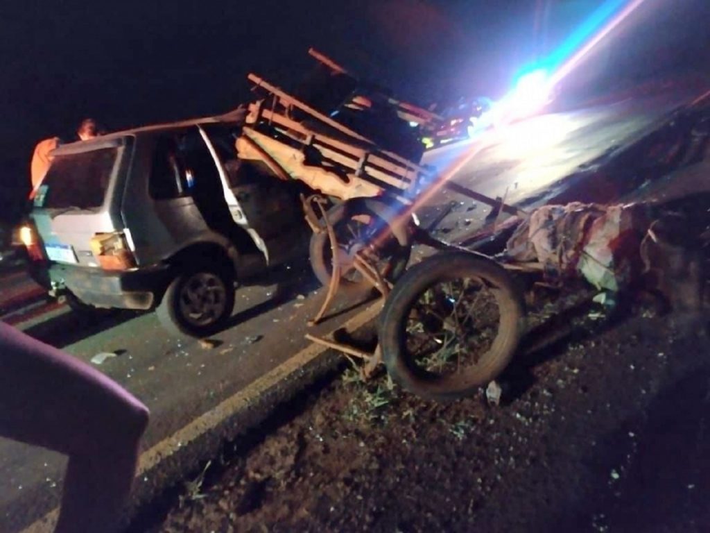 Carro e cavalo com charrete batem de frente na BR-272, em Guaíra Carro e cavalo com charrete batem de frente na BR-272, em Guaíra