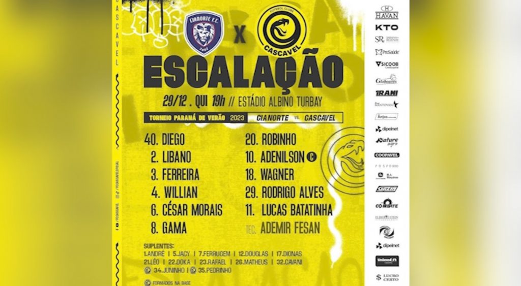 Confira as escalações da partida entre Cianorte e FC Cascavel
