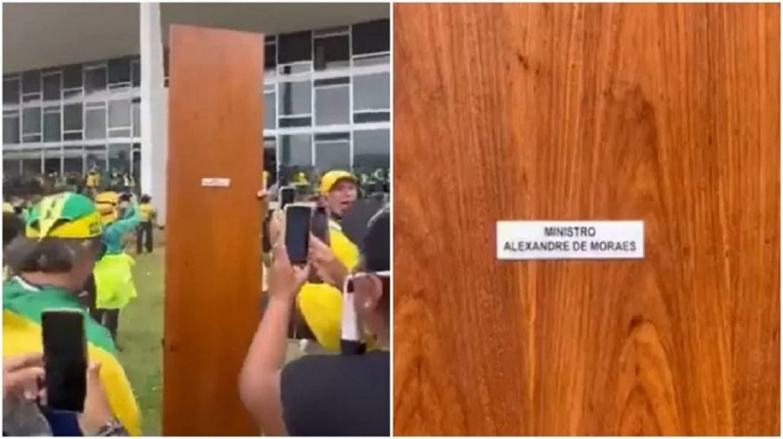 Vídeo: Golpistas arrancam porta com nome de Alexandre de Moraes no STF