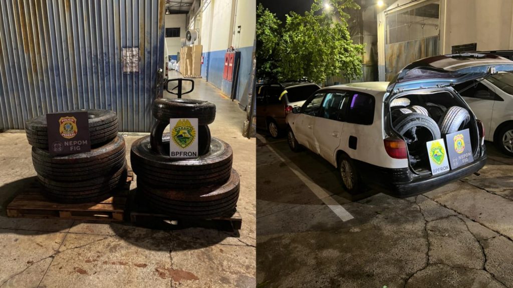 PF e BPFron apreendem veículo e dezenas de pneus contrabandeados em Foz do Iguaçu