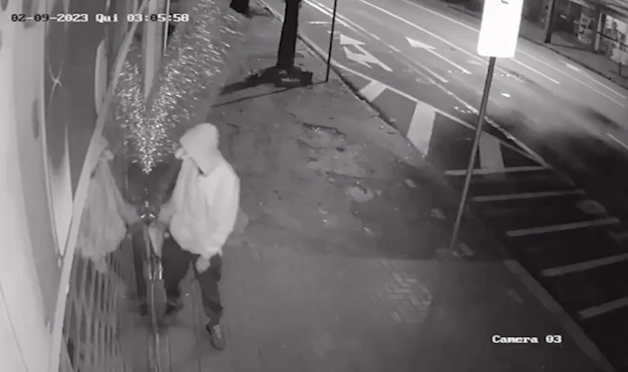 Vídeo mostra ladrão estilhaçando vidro de empresa em tentativa de furto