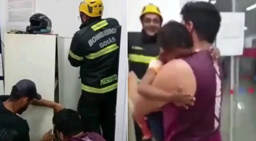 Veja o resgate emocionante de criança presa em guarda-volumes