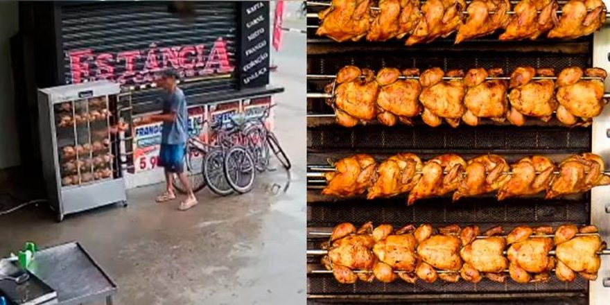 Vídeo: homem furta espeto de frango assado e foge de bicicleta