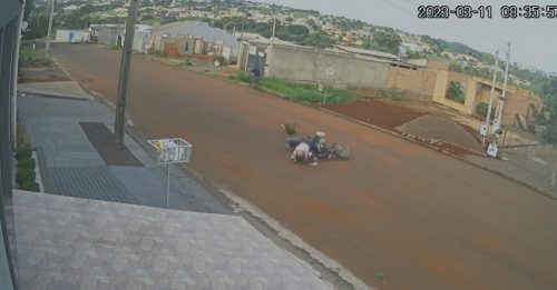 Câmera de segurança registra momento em que mulher atropela cachorro e cai de moto