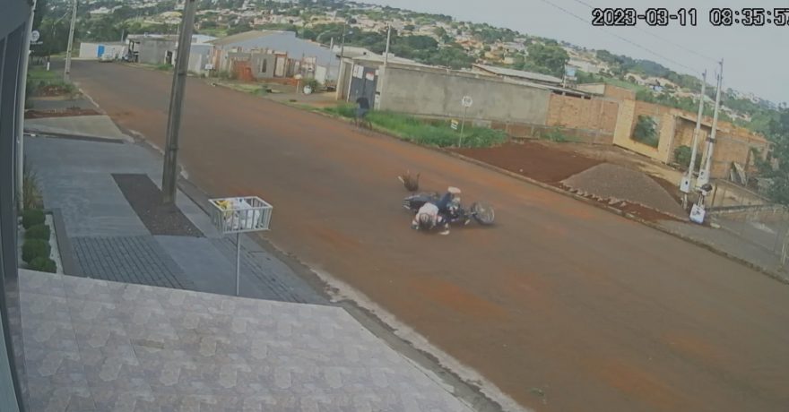 Câmera de segurança registra momento em que mulher atropela cachorro e cai de moto