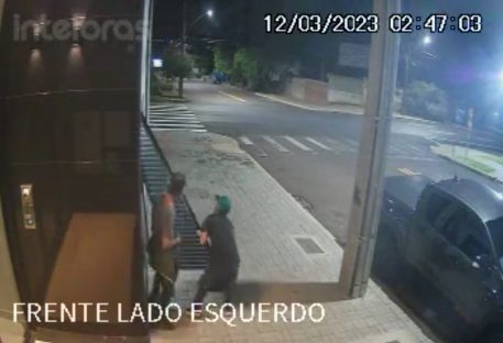 Vídeo mostra ladrões danificando e furtando porta em empresa no Centro