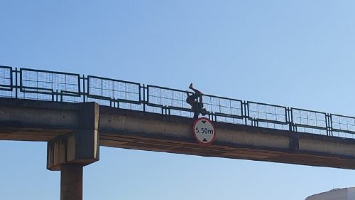 Homem é flagrado plantando bananeira na passarela da PRc-467