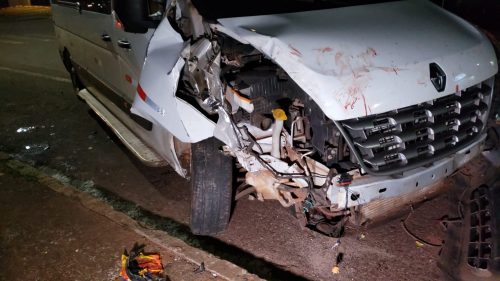 Condutor perde o controle da direção e colide van contra árvore no centro