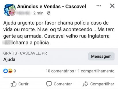 “Caso de vida ou morte”: publicação no Facebook leva várias equipes da PM e GM até o Cascavel Velho