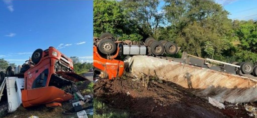 Carreta carregada de frango congelado tomba na BR-163 em Capitão Leônidas Marques