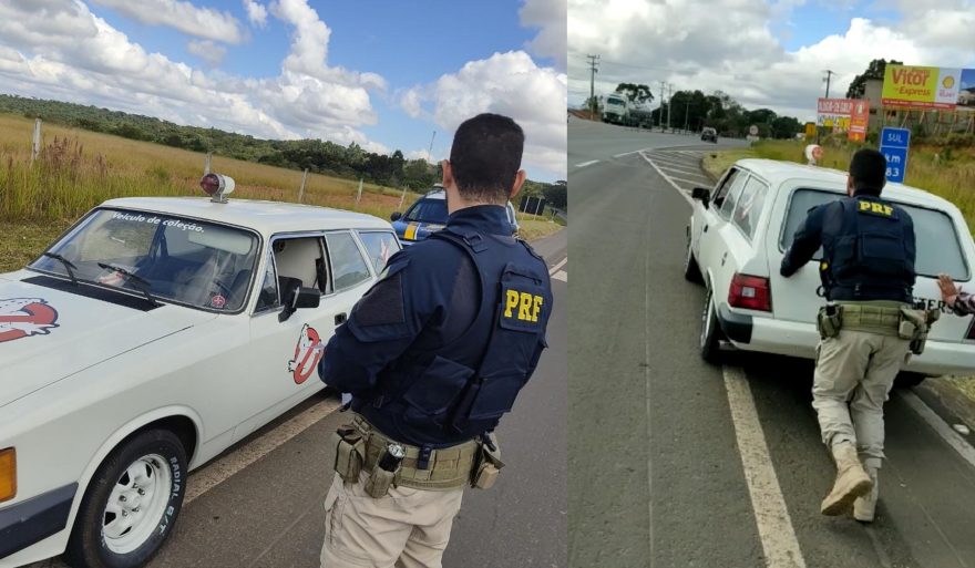 Após ser abordado pela PRF, carro dos “Caça-Fantasmas” não pega e federal dá um ‘empurrãozinho’