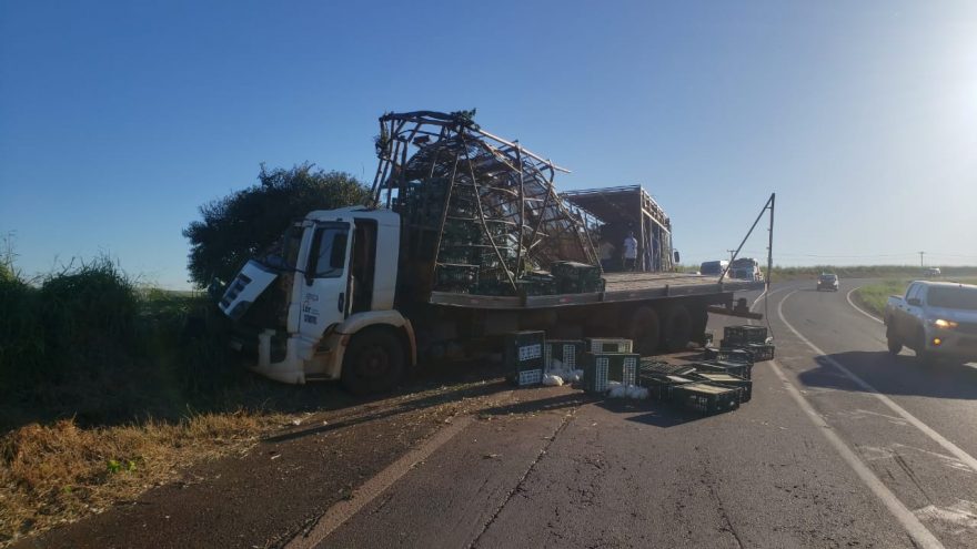 Carreta carregada com frangos vivos tomba na BR-467