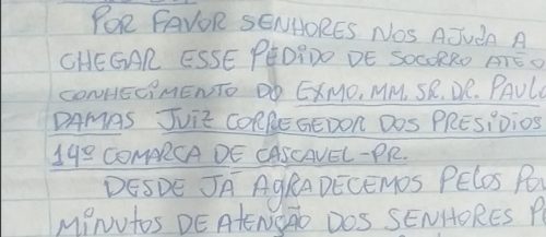 Imagem referente a Apenado em PETBC de Cascavel relata opressão psicológica e agressões físicas em carta