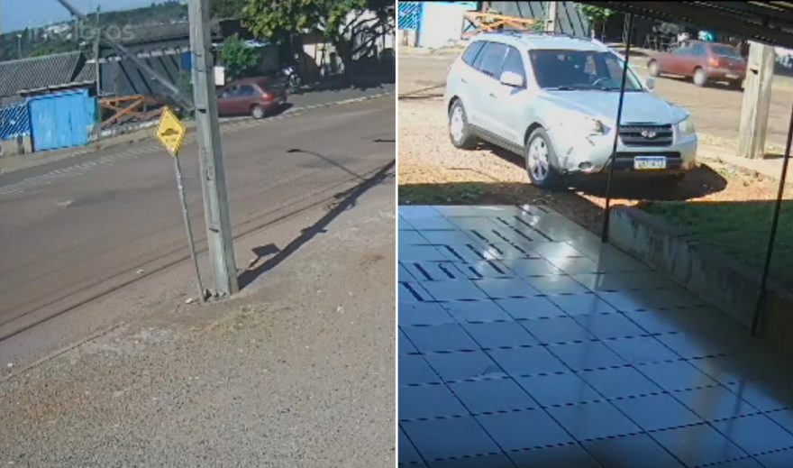 Vídeo mostra carro descendo a rua desgovernado e derrubando poste no Bairro Periolo