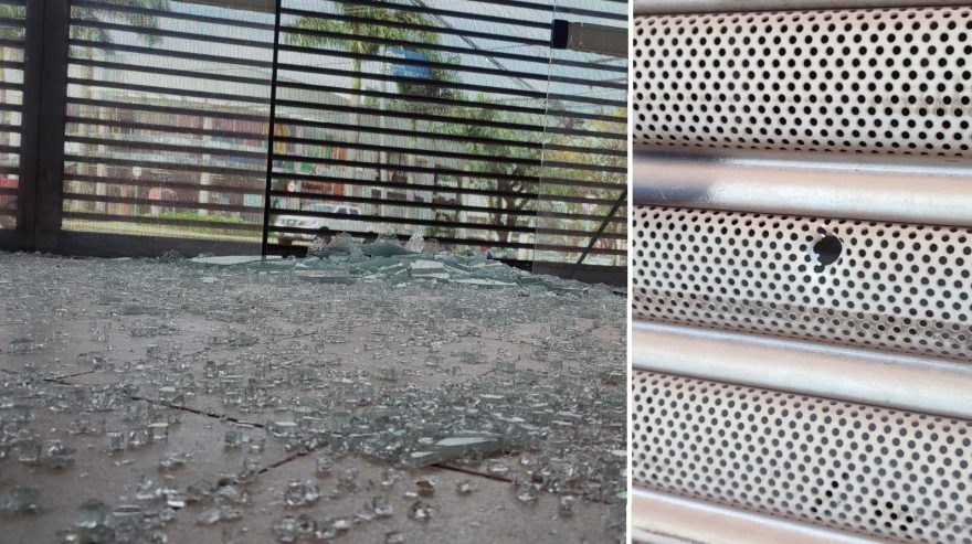 Porta de sala comercial é destruída por disparo de arma de fogo em ocorrência de roubo de carro