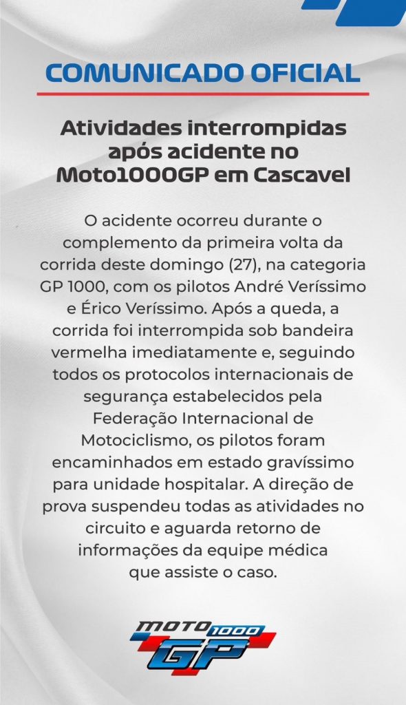 Dois pilotos morrem após grave acidente no Moto1000GP em Cascavel