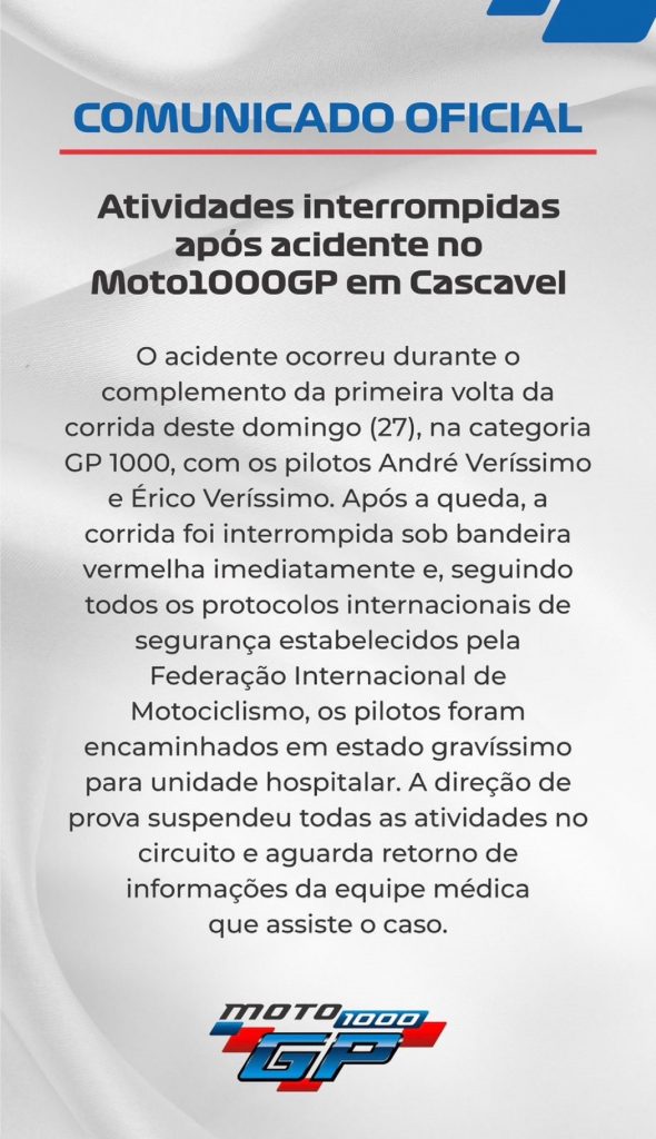 Dois pilotos morrem após grave acidente durante prova do Moto 1000 GP em  Cascavel, no Paraná