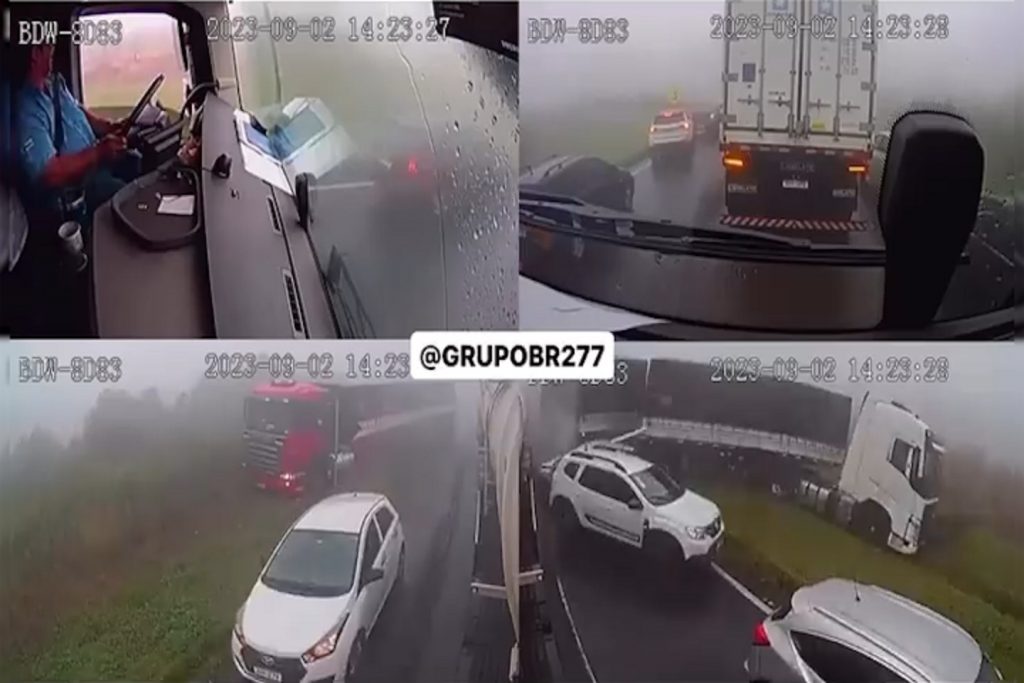 Vídeo mostra o momento do engavetamento seguido de incêndio na BR-277