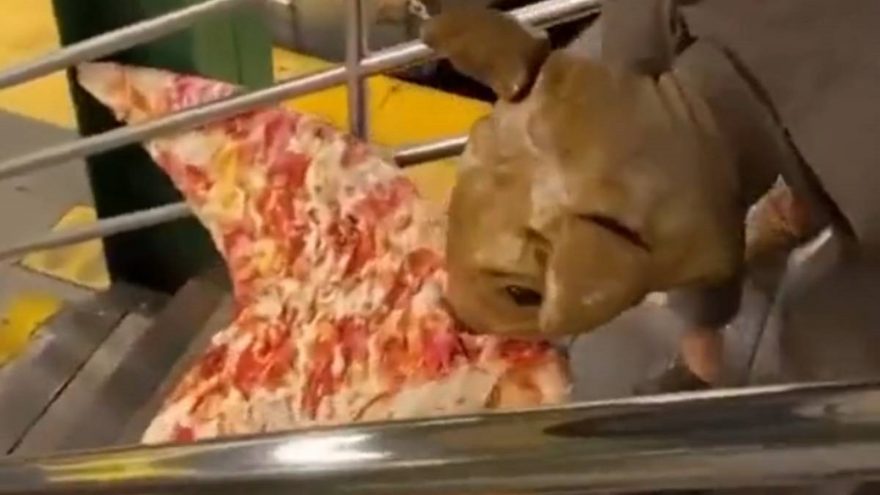 Bizarro: homem vestido de rato arrasta pedaço gigante de pizza pelo metrô; veja vídeo