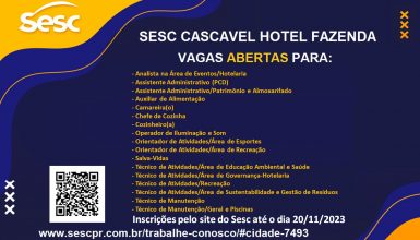Imagem referente a Sesc Cascavel Hotel Fazenda abre vagas para processos seletivos