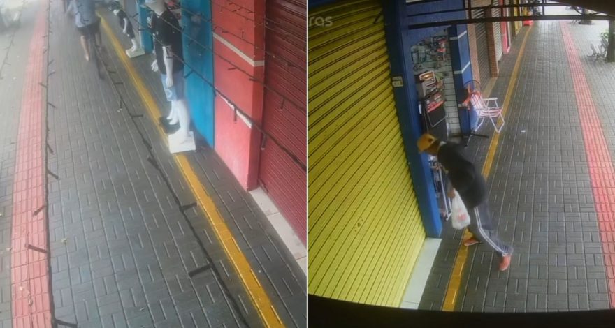 Vídeos mostram ciclistas e pedestres realizando furtos em lojas da Avenida Carlos Gomes