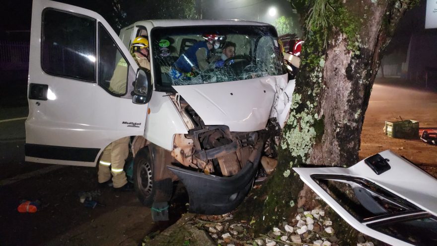 Motorista fica preso às ferragens após bater Ducato contra árvore