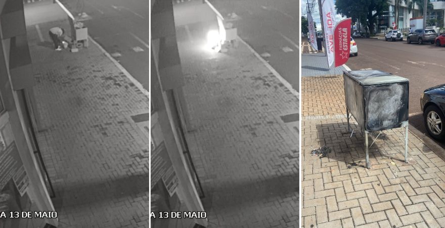 Vândalos colocam fogo em lixeira e causam prejuízo a comércio no Centro