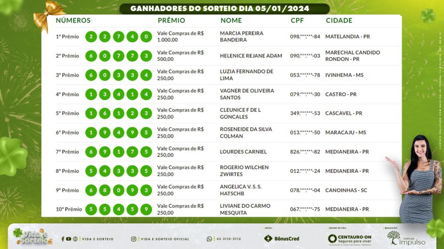 Confira os ganhadores do Vida e Sorteio desta semana